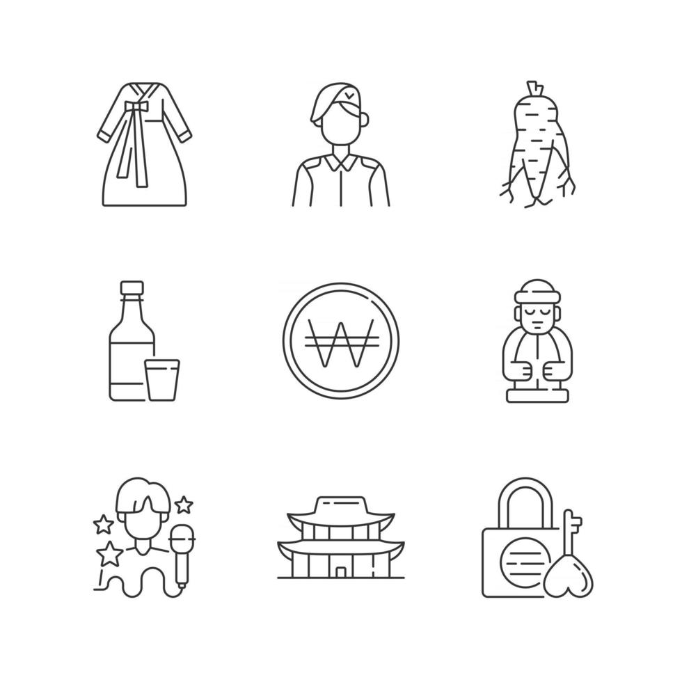 Culture of Korea linear icons set vector