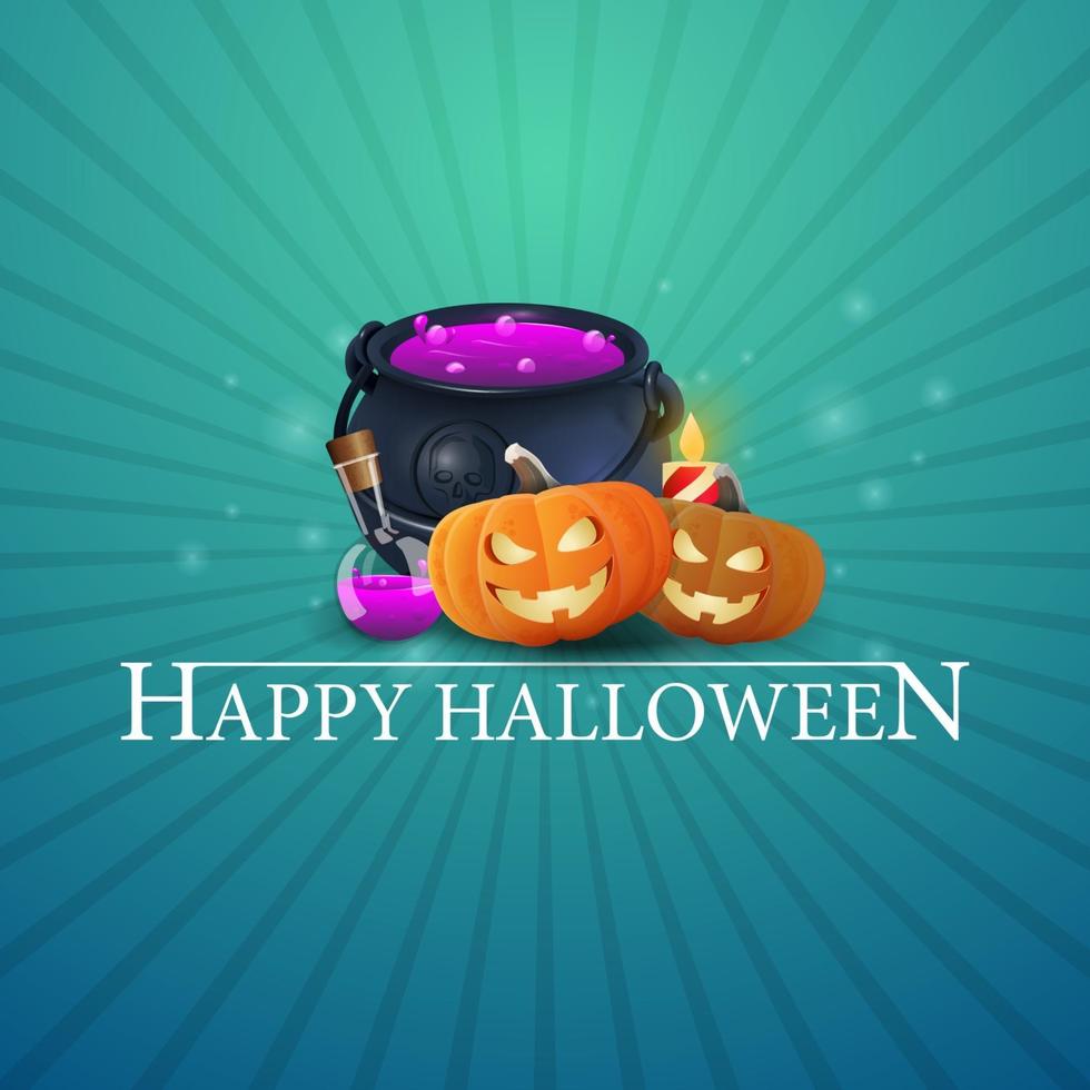 Happy Halloween greeting blue card with witchs pot and pumpkin Jack vector