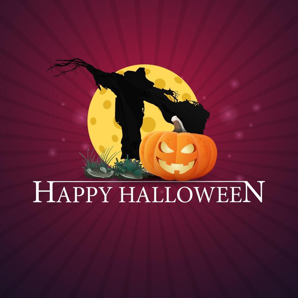 feliz halloween saludo tarjeta morada con espantapájaros y calabaza jack contra la luna vector