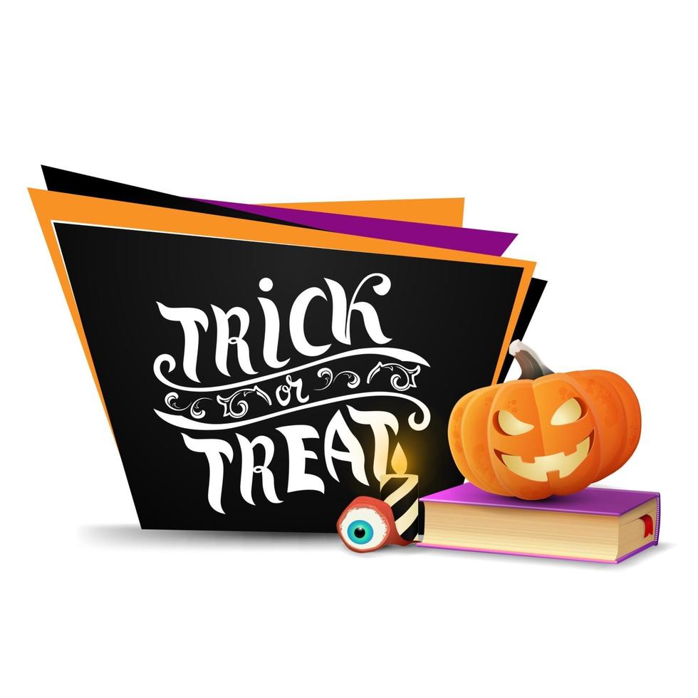 Happy Halloween trick or treat black greeting card in the form of geometric plates with spell book and pumpkin Jack vector