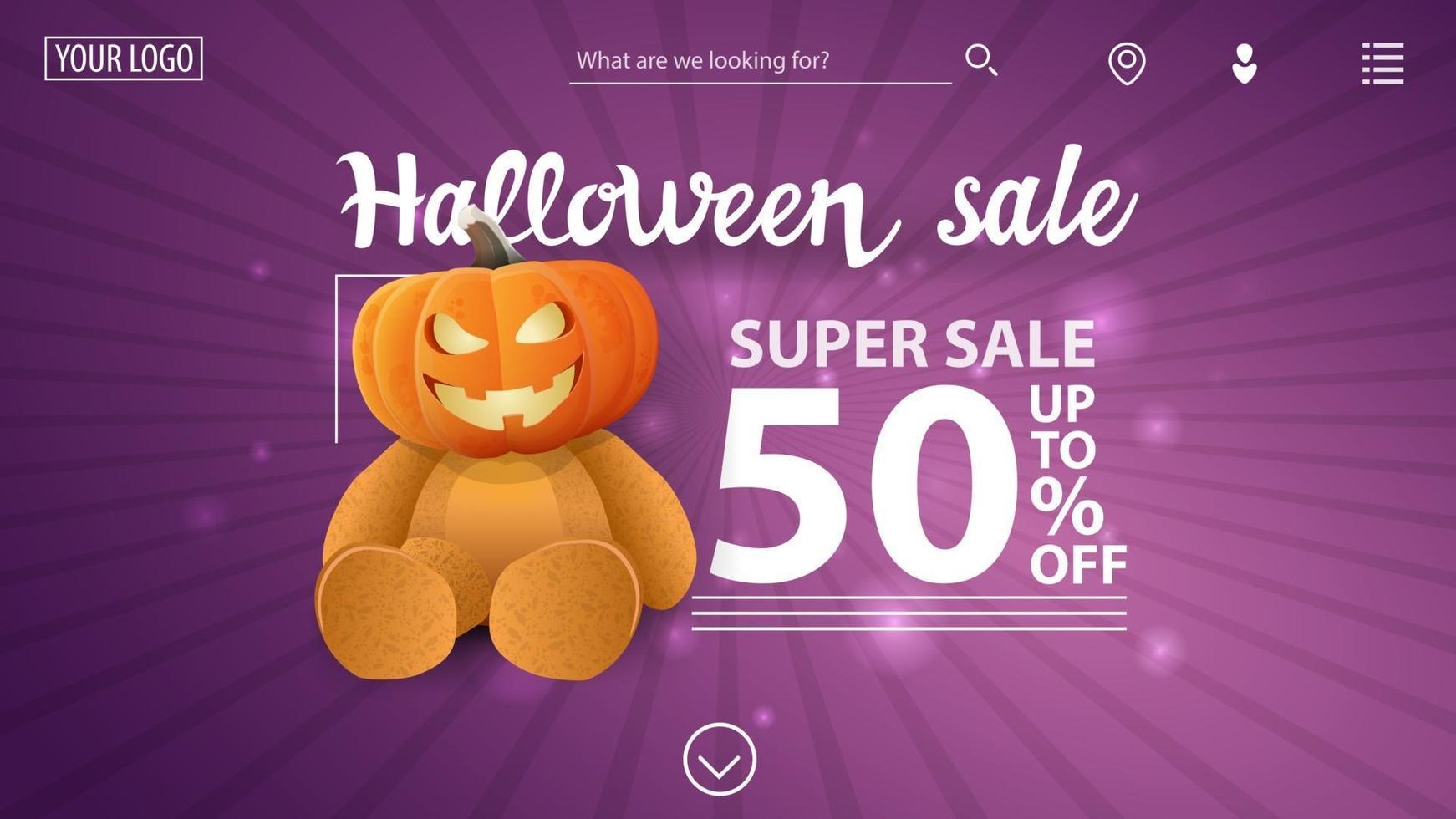 Halloween sale 50 off purple modern banner with Teddy bear with Jack pumpkin head vector