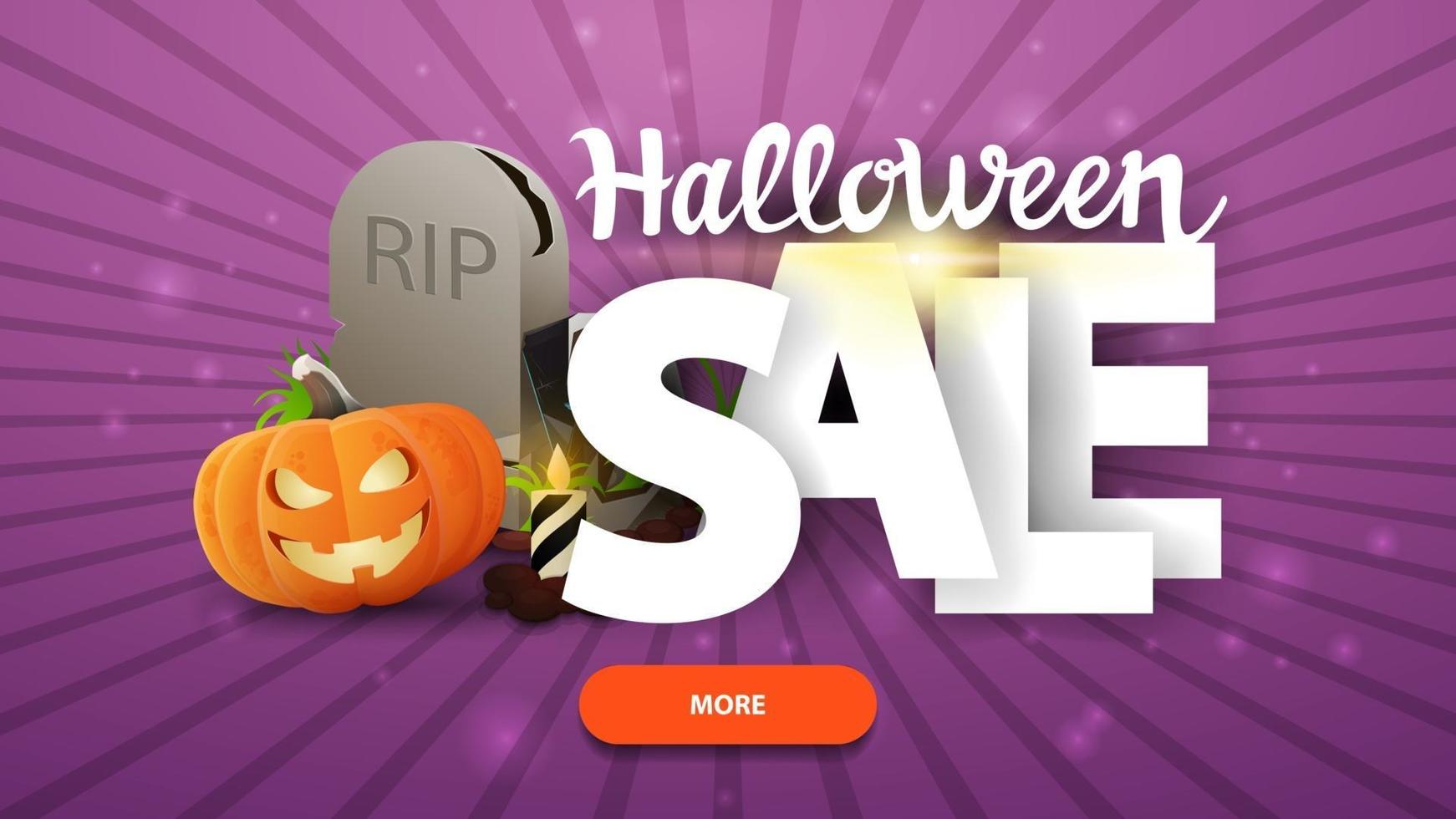Halloween sale horizontal purple web banner with big letters tombstone and pumpkin Jack vector