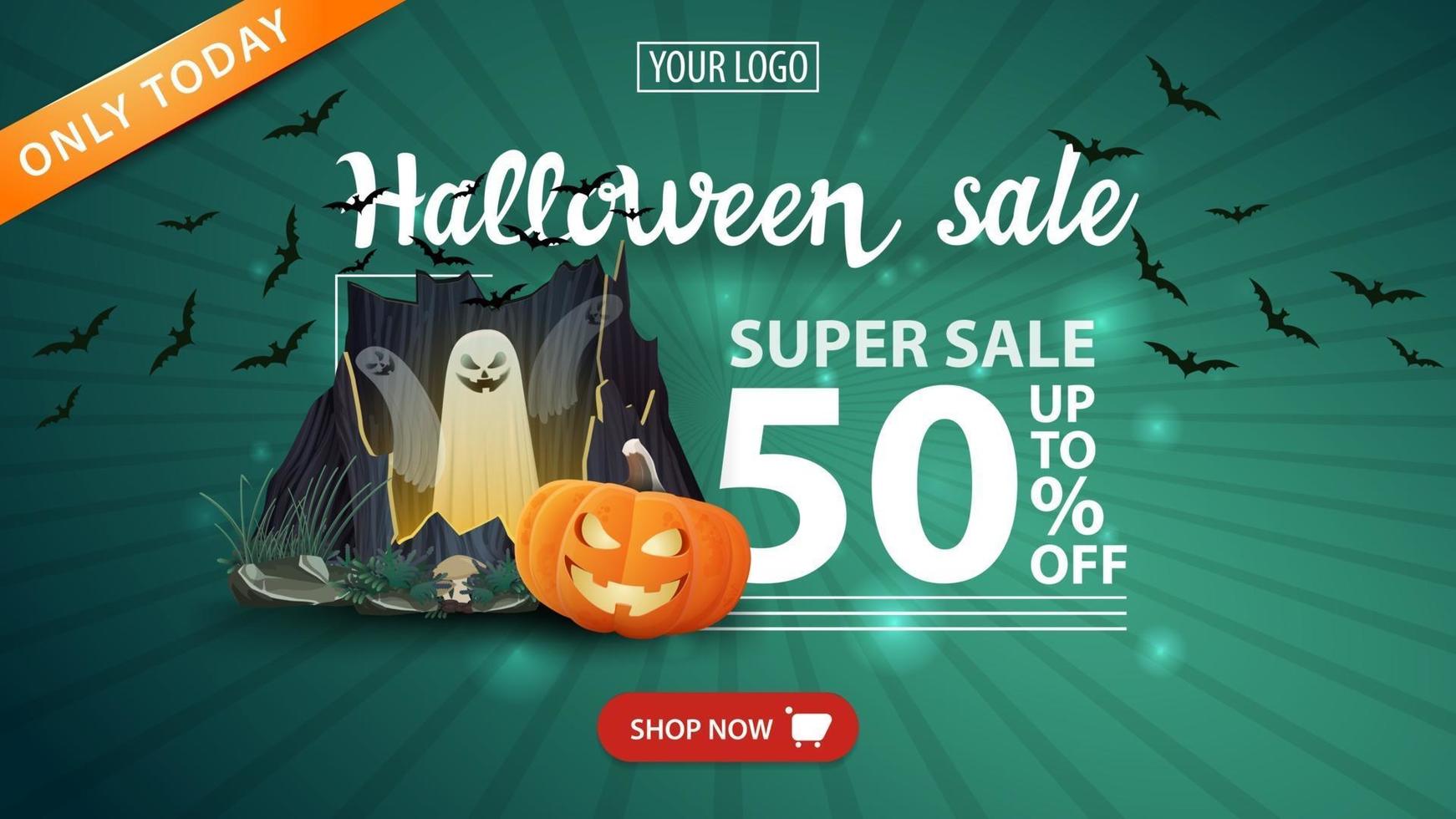 venta de halloween 50 de descuento en banner moderno verde con portal con fantasmas y calabaza jack vector