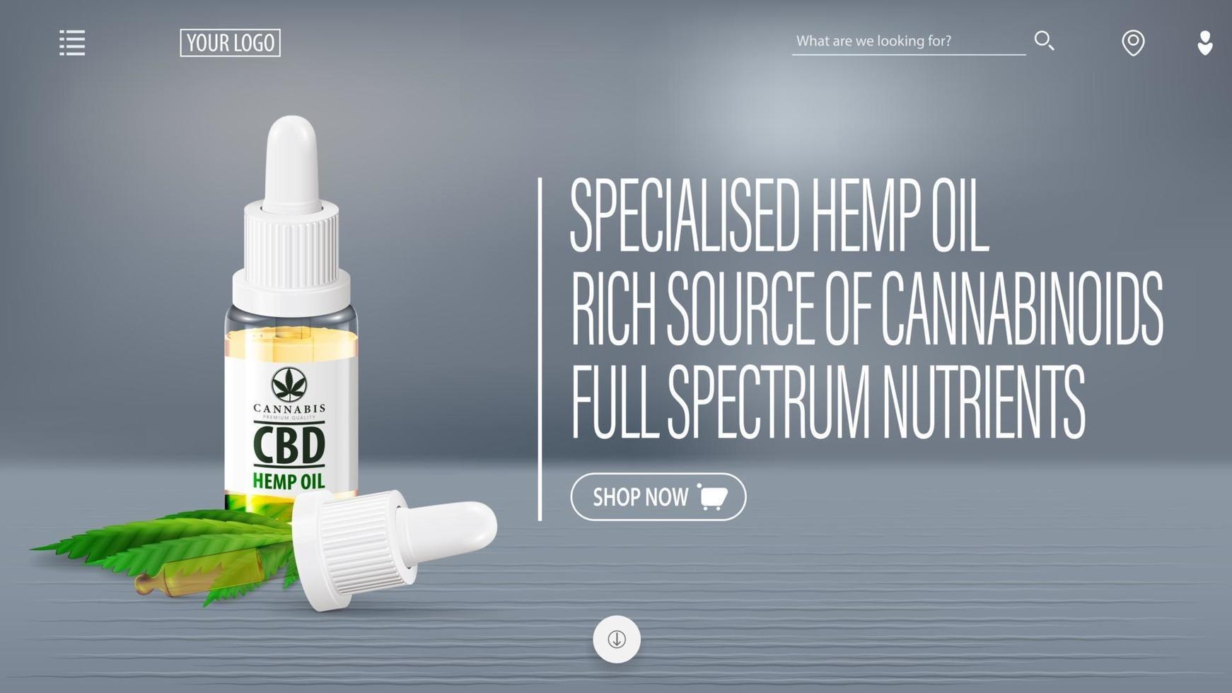 Gray banner for website with CBD oil bottle pipette hemp leaf and interface elements of website vector