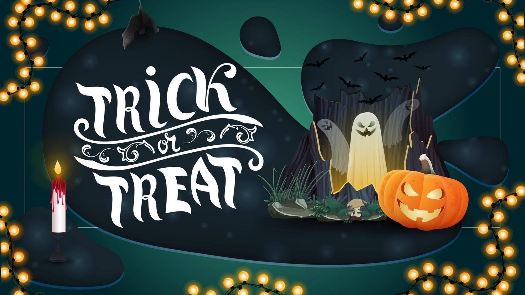 Truco o trato banner de saludo horizontal con portal con fantasmas y calabaza jack vector