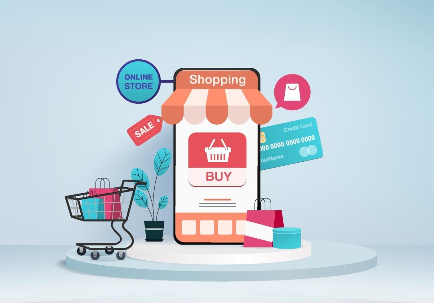 shopping online store for sale mobile ecommerce 3d blue background shop online on mobile app 24 hours shopping cart credit card minimal store online device 3d vector rendered