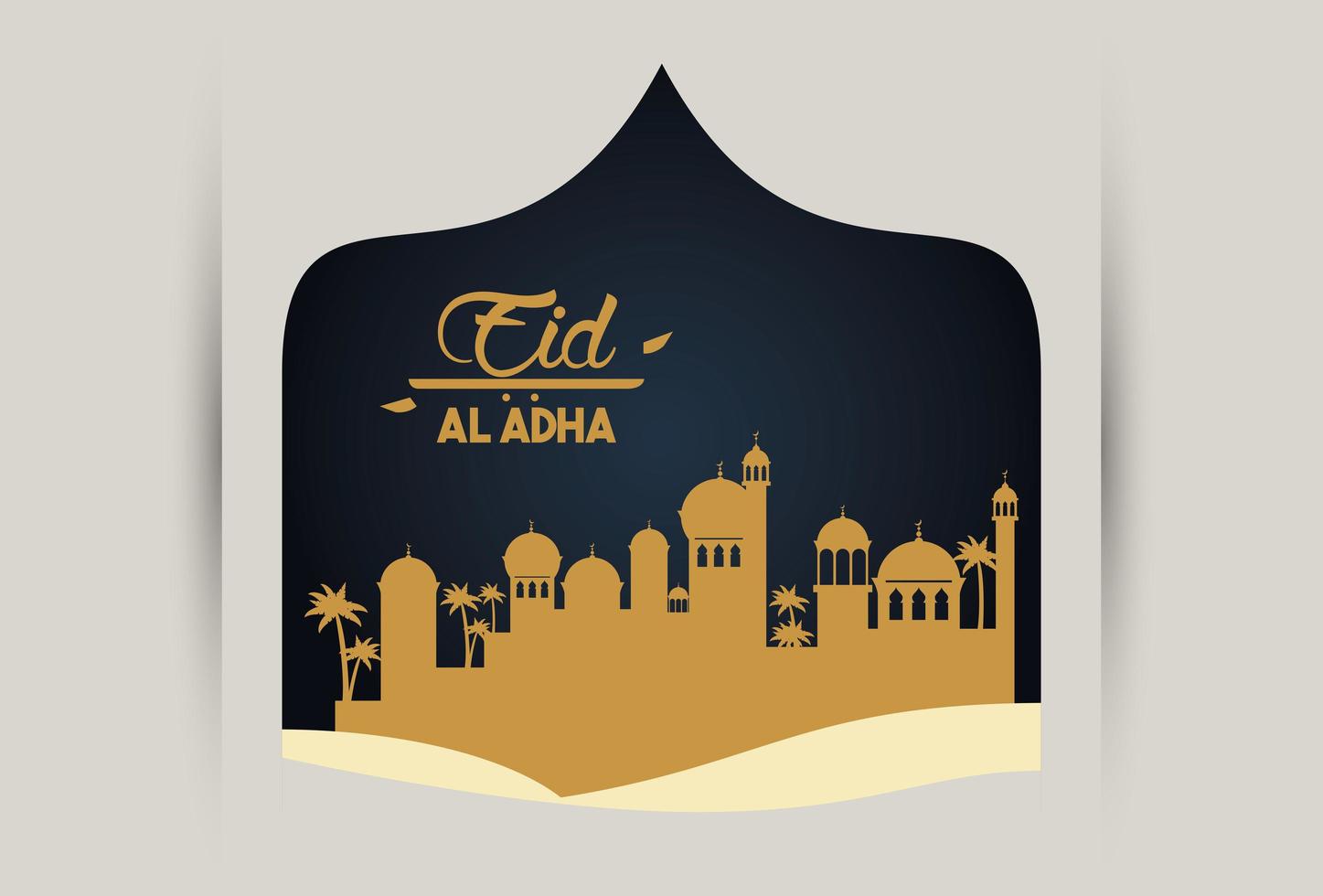 Tarjeta de celebración de eid al adha con paisaje árabe vector