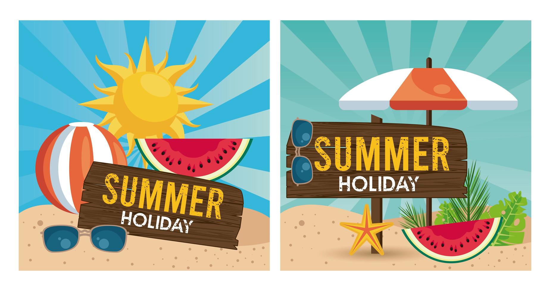 etiqueta de vacaciones de verano con iconos de conjunto vector