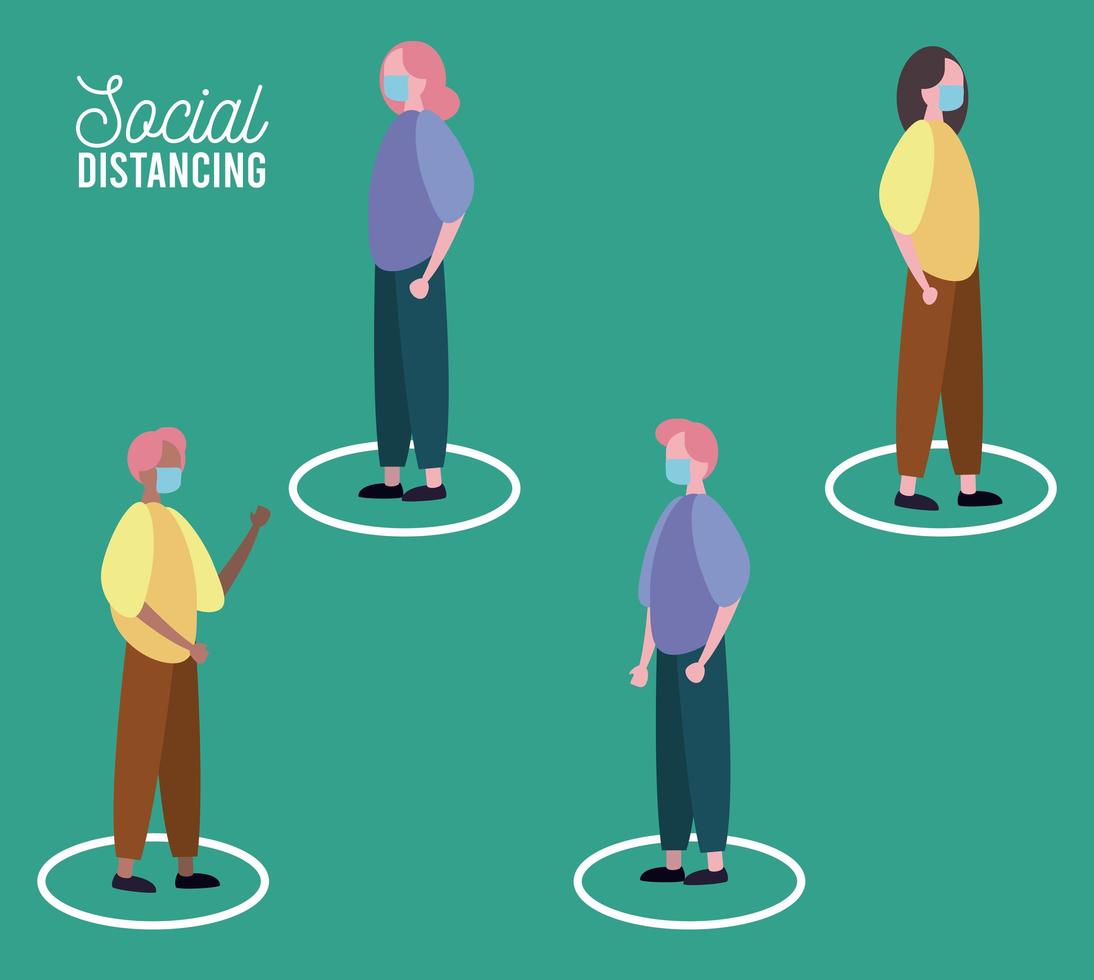 Grupo de personas con máscara médica practicando la distancia social. vector