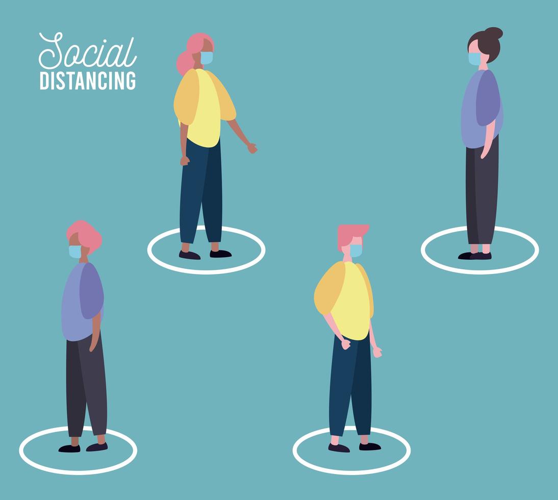 group of people wearing medical mask practicing social distance vector