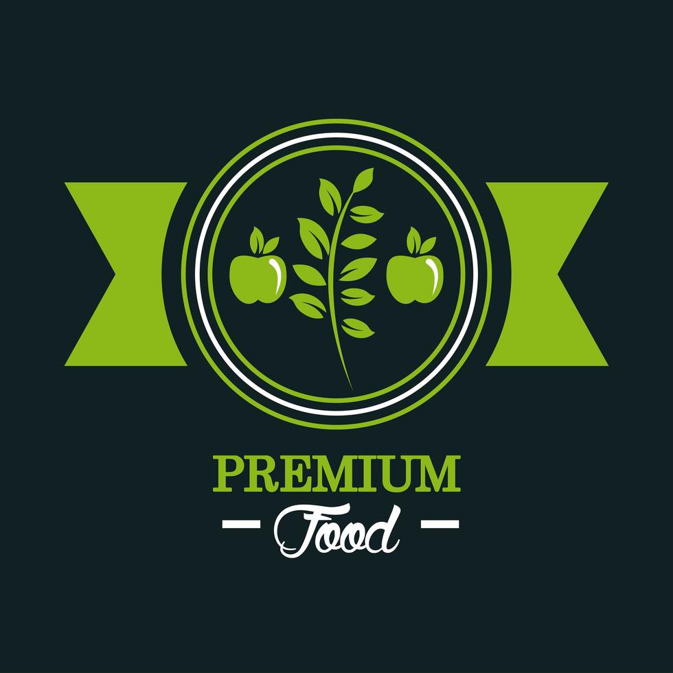 cartel de comida premium y saludable con manzanas y hojas. vector