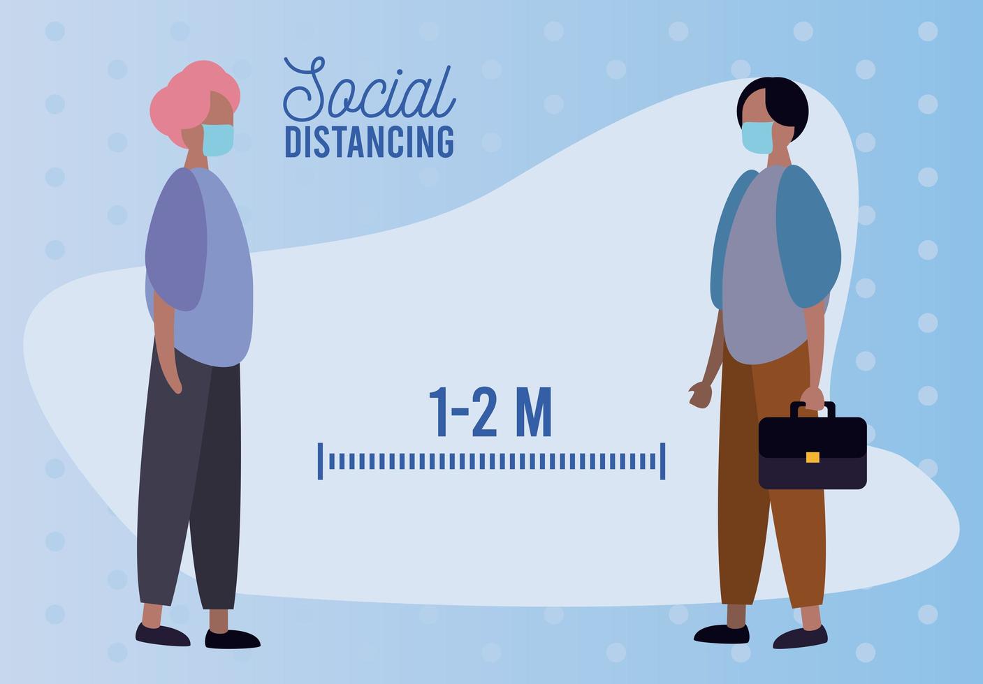 Par de hombres con máscara médica practicando la distancia social. vector