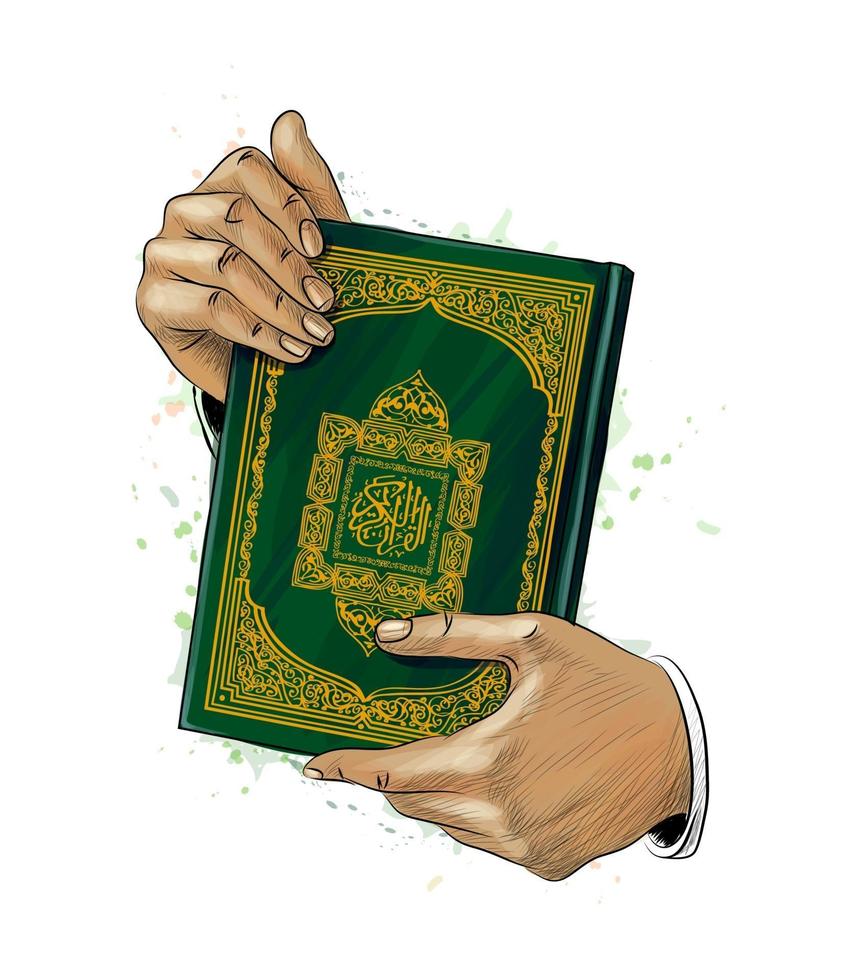 Man hands holds Holy book of Koran from splash of watercolors Muslim holiday Eid Mubarak Ramadan Kareem Hand drawn sketch Vector illustration of paints