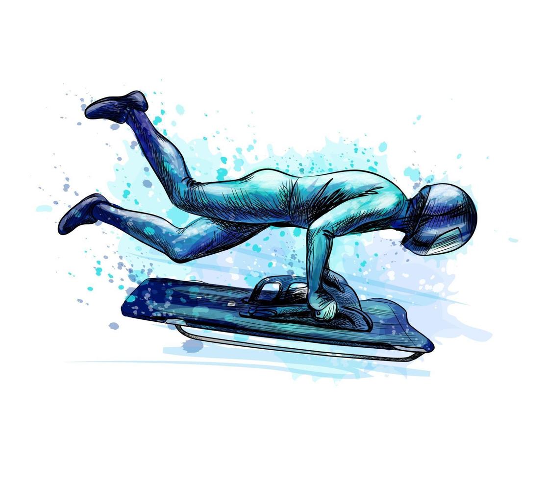 Skeleton from splash of watercolors Hand drawn sketch Winter sport descent on a sleigh Vector illustration of paints
