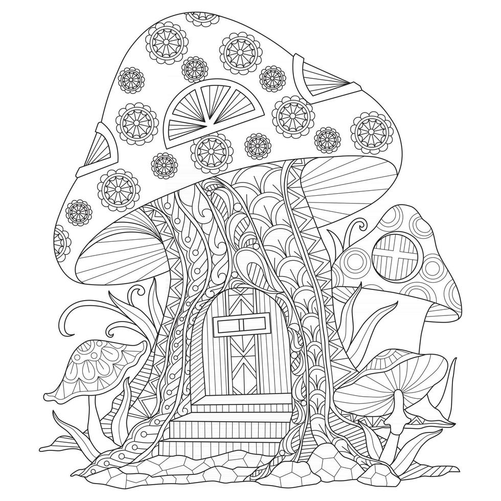 Mushroom house hand drawn for adult coloring book vector