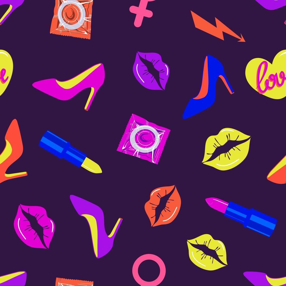 Glamorous bright sexy seamless pattern. Rave style. Condoms, shoes, and kisses on a dark background. Vector illustration