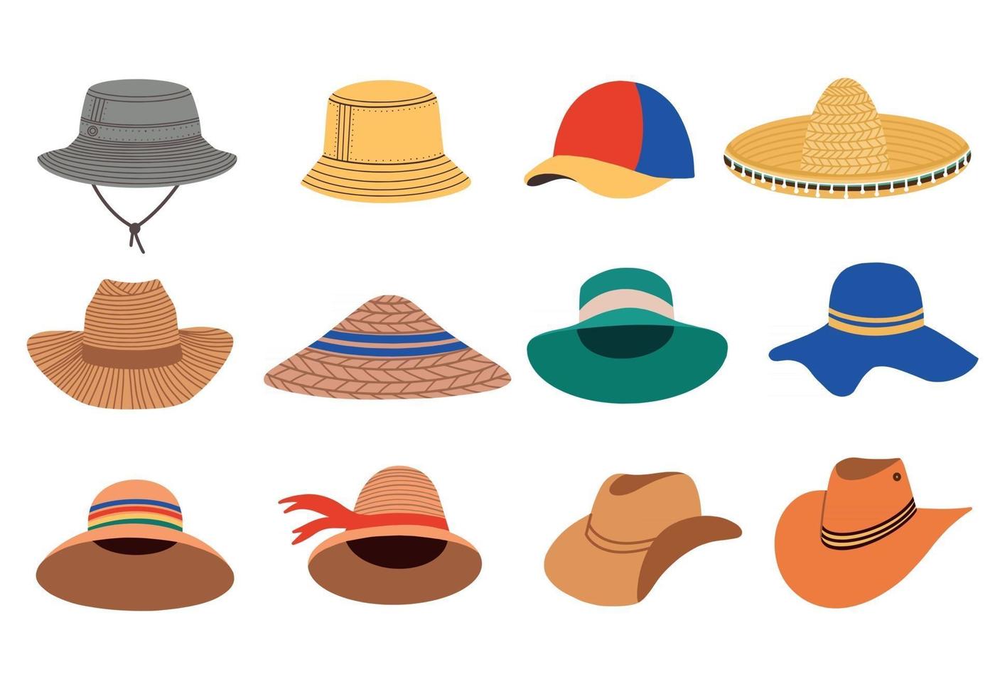 A set of summer women's hats. Summer and spring hats. Vector Flat Illustration.