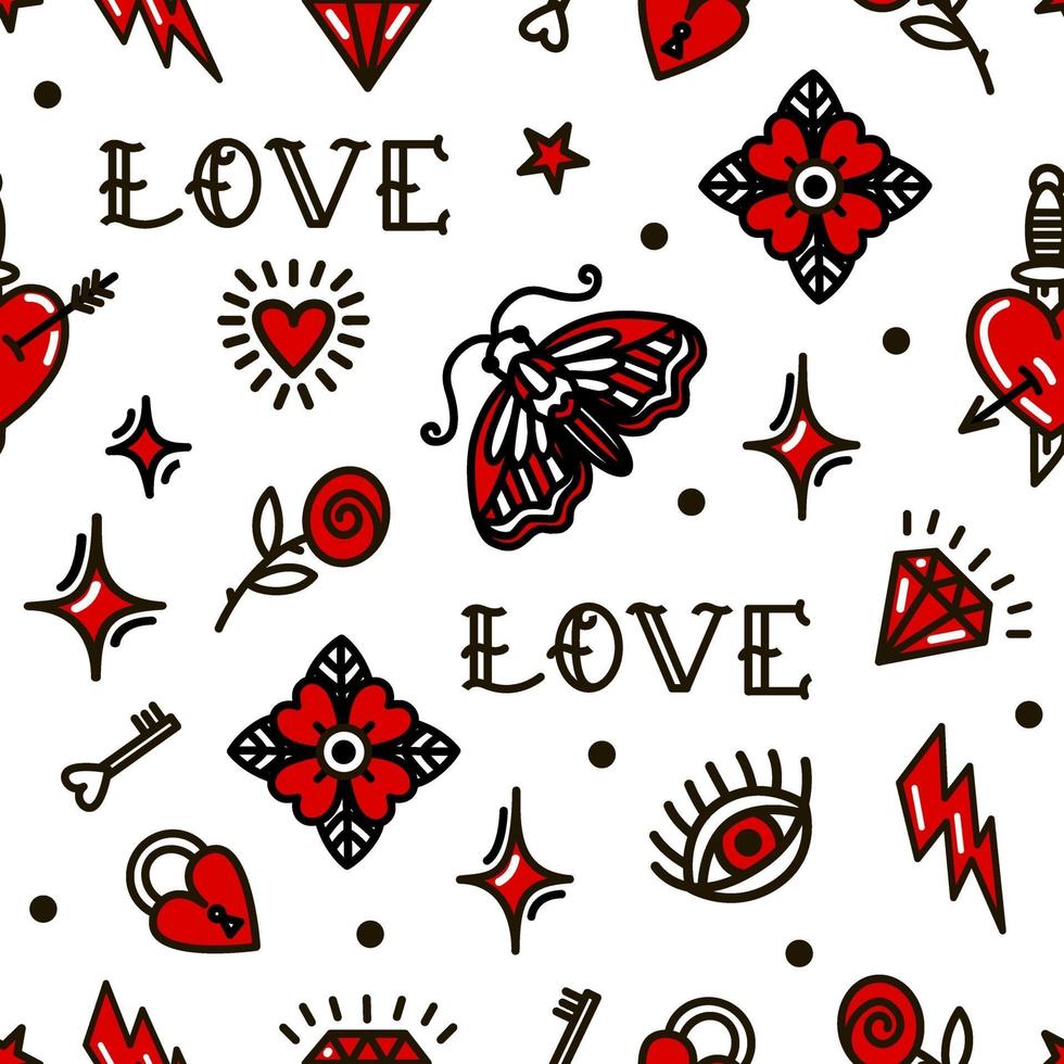 Valentines Day in old school style seamless pattern. vector