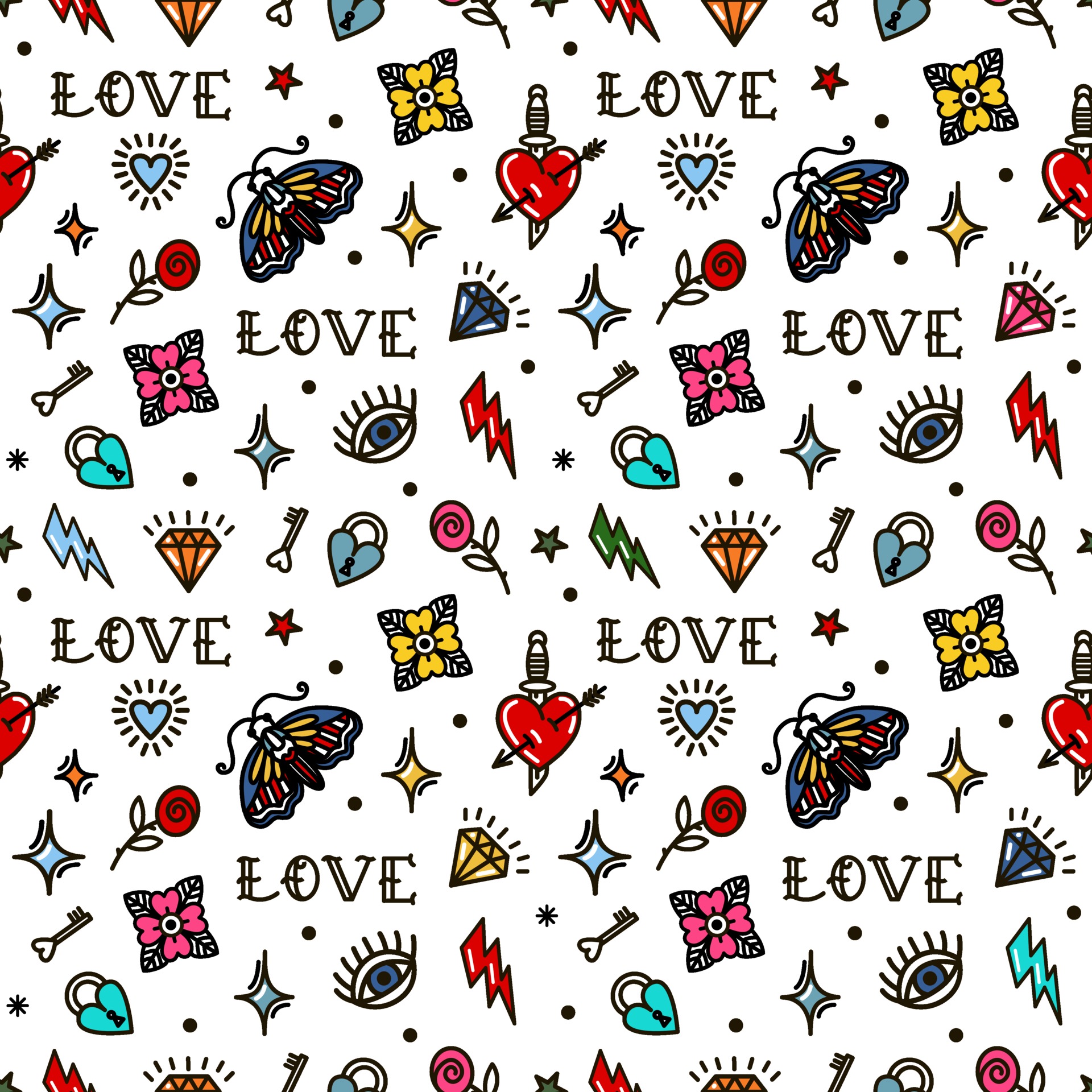 Old school tattoo flash pattern with roses, hearts, birds, keys and arrows. Valentines  day or wedding design. Vector illustration Stock Vector | Adobe Stock