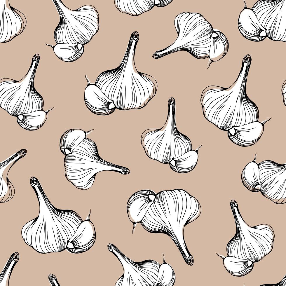 seamless pattern of garlic on a beige background. Vector illustration