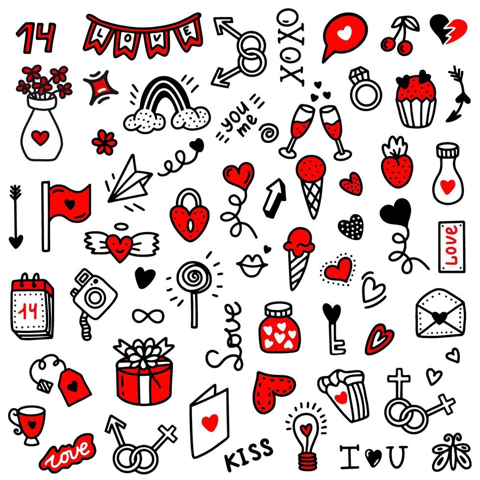 Valentines Day love icons set.. Vector illustration in doodle style. Design for Valentines Day,Wedding, Greeting Cards