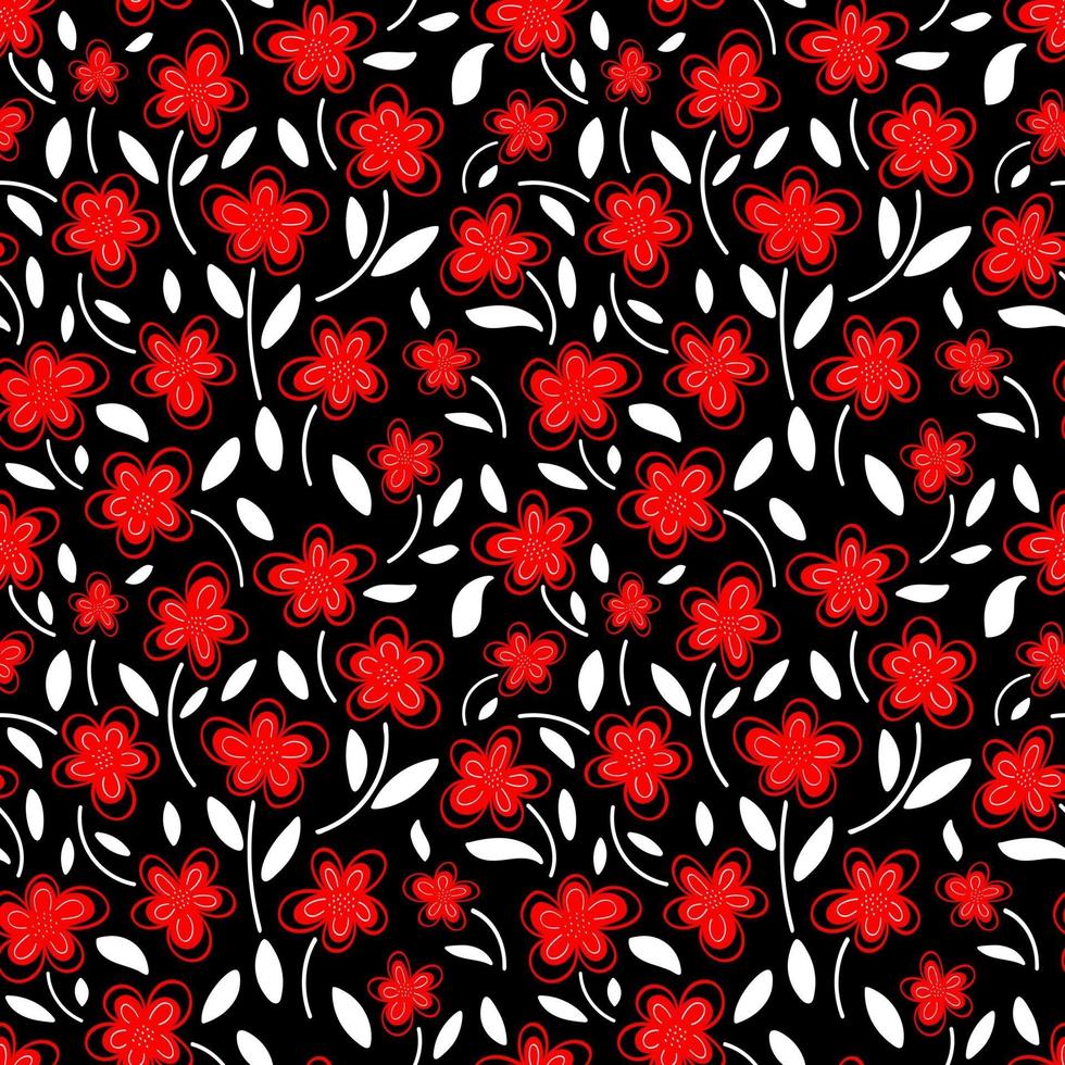 Seamless pattern of red chamomile flowers on a black background.Spring pattern. Vector flat illustration