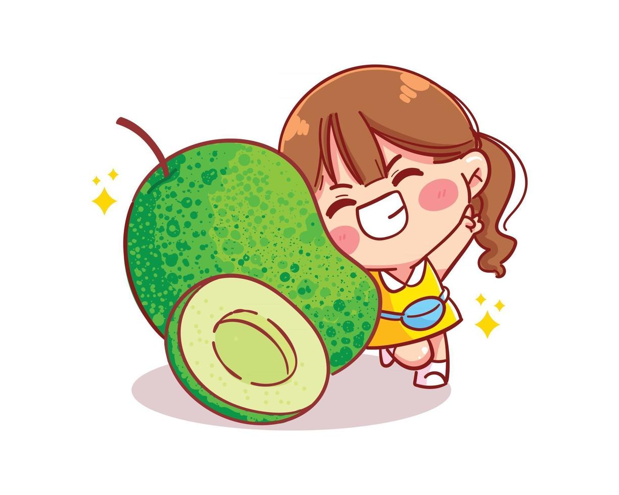 ilustración de arte de dibujos animados de niña fresca y linda verde fruta de mango vector