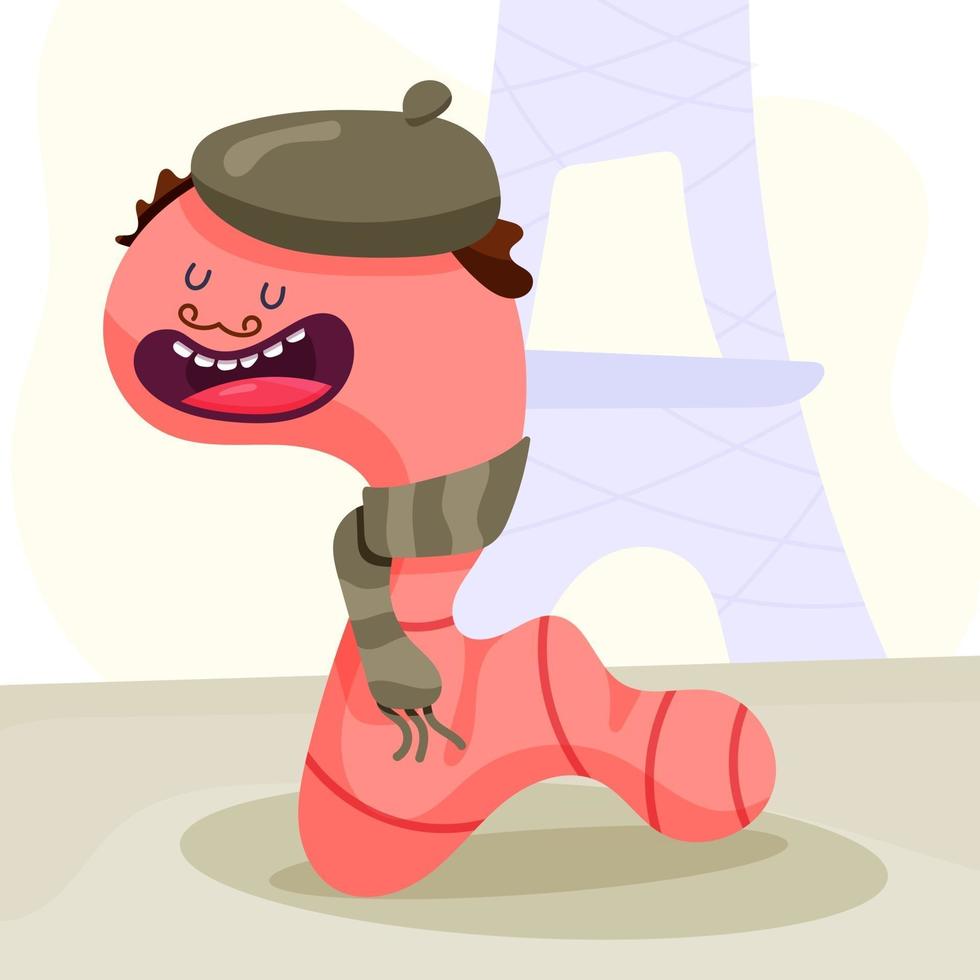 A worm in a cartoon style in a beret walks in paris vector