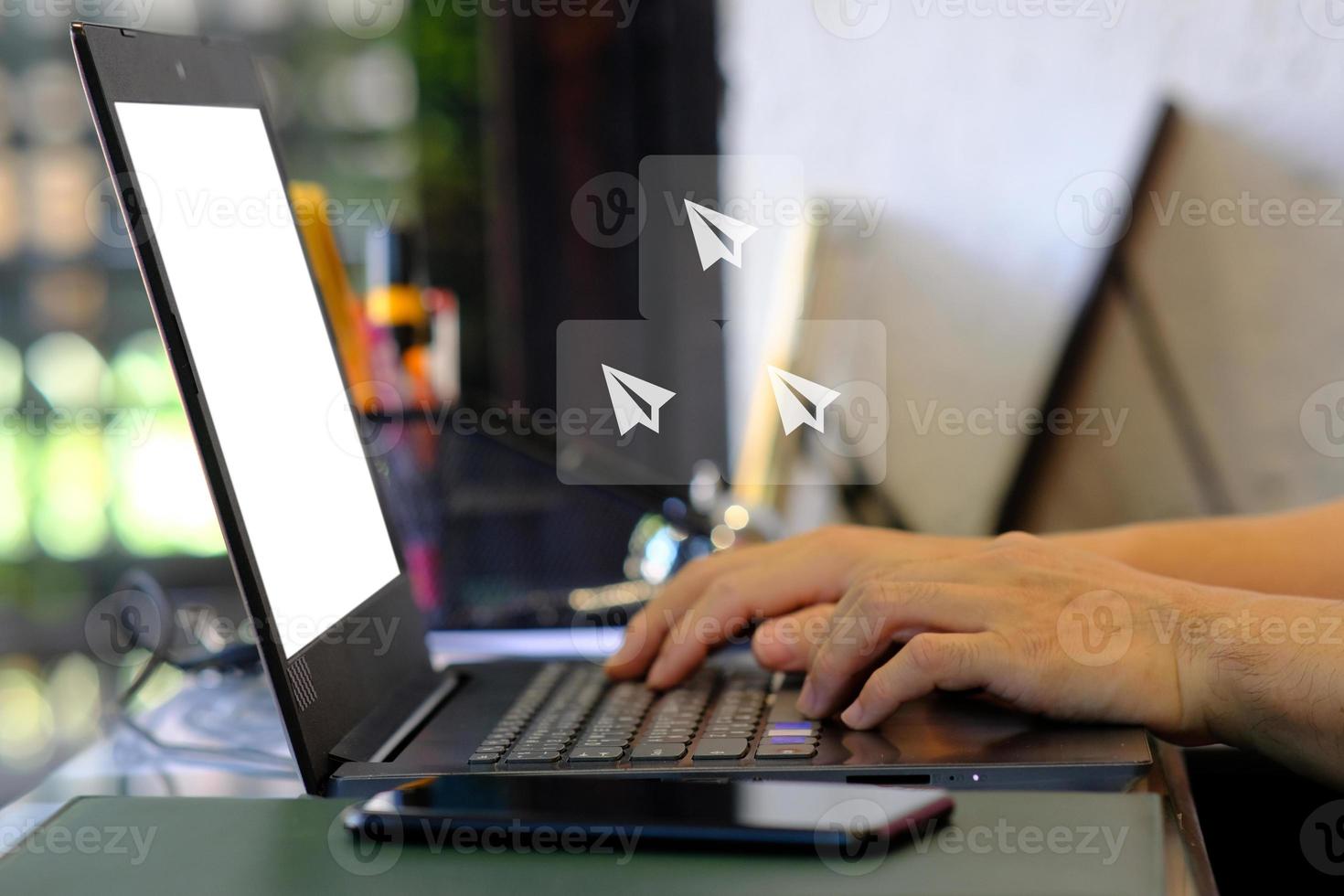 Man using on laptop computer and management digital data concept photo