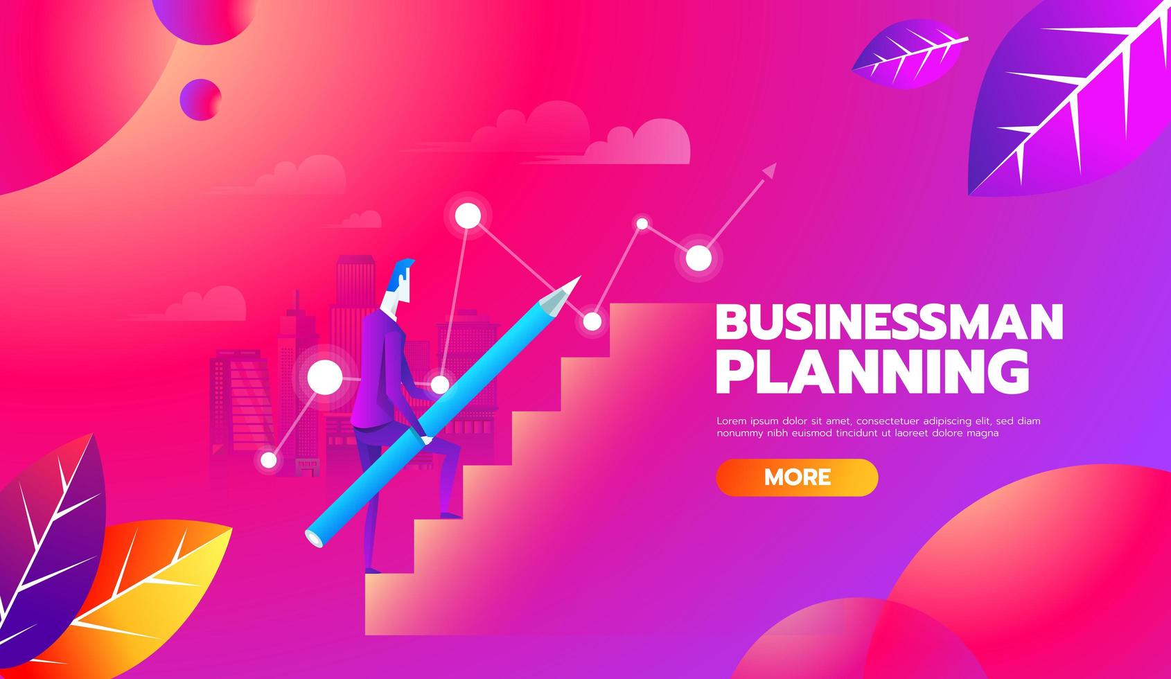 Man is climbing career ladder with pencil for planning. Concept of business development. Vector illustration flat design. Step by step.