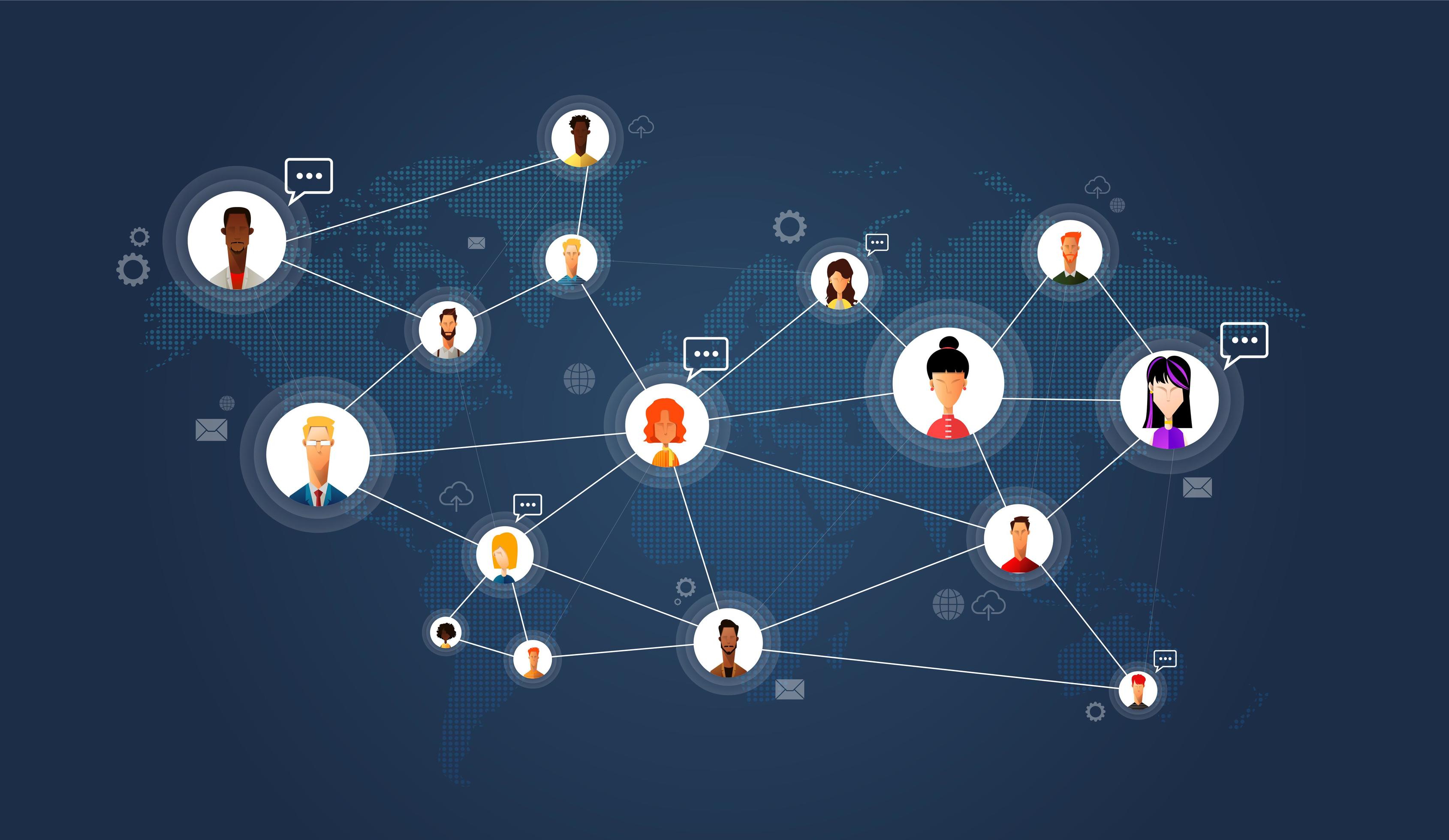 Social network, people connecting all over the world. Vector flat