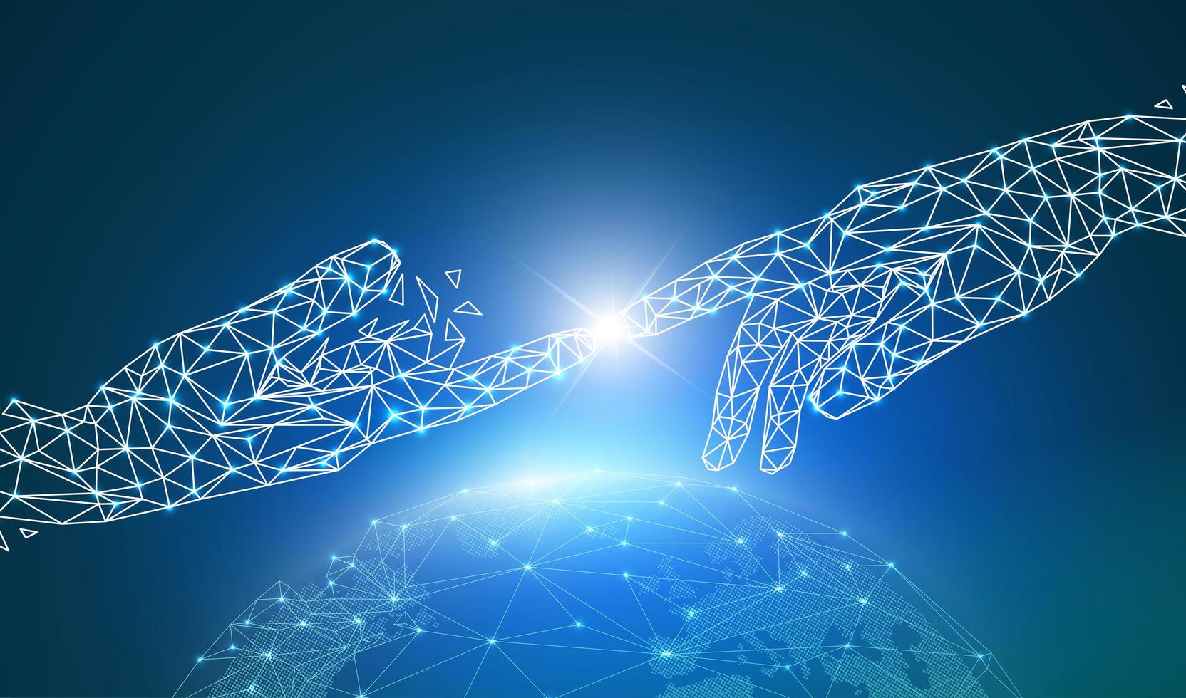 Concept of global network or communication technology, digital hand pointing and touching together on wireframe globe vector