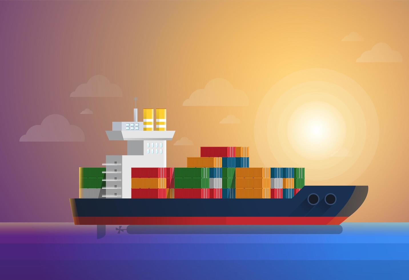 Cargo container ship transports containers in ocean. Flat and solid color style vector illustration