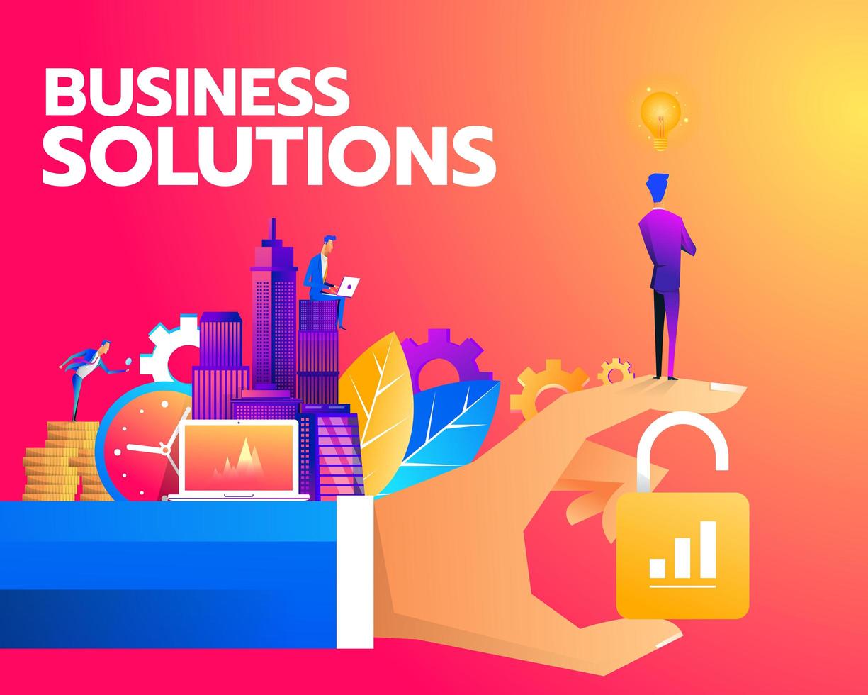 Businessman standing on hand holding unlocked lock, business solution, key to success and teamwork concept vector