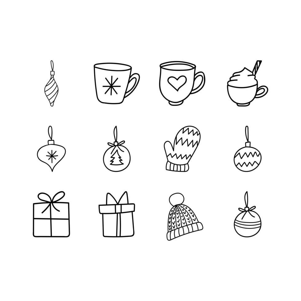 conjunto de adornos navideños y bebidas iconos de doodle plano vector