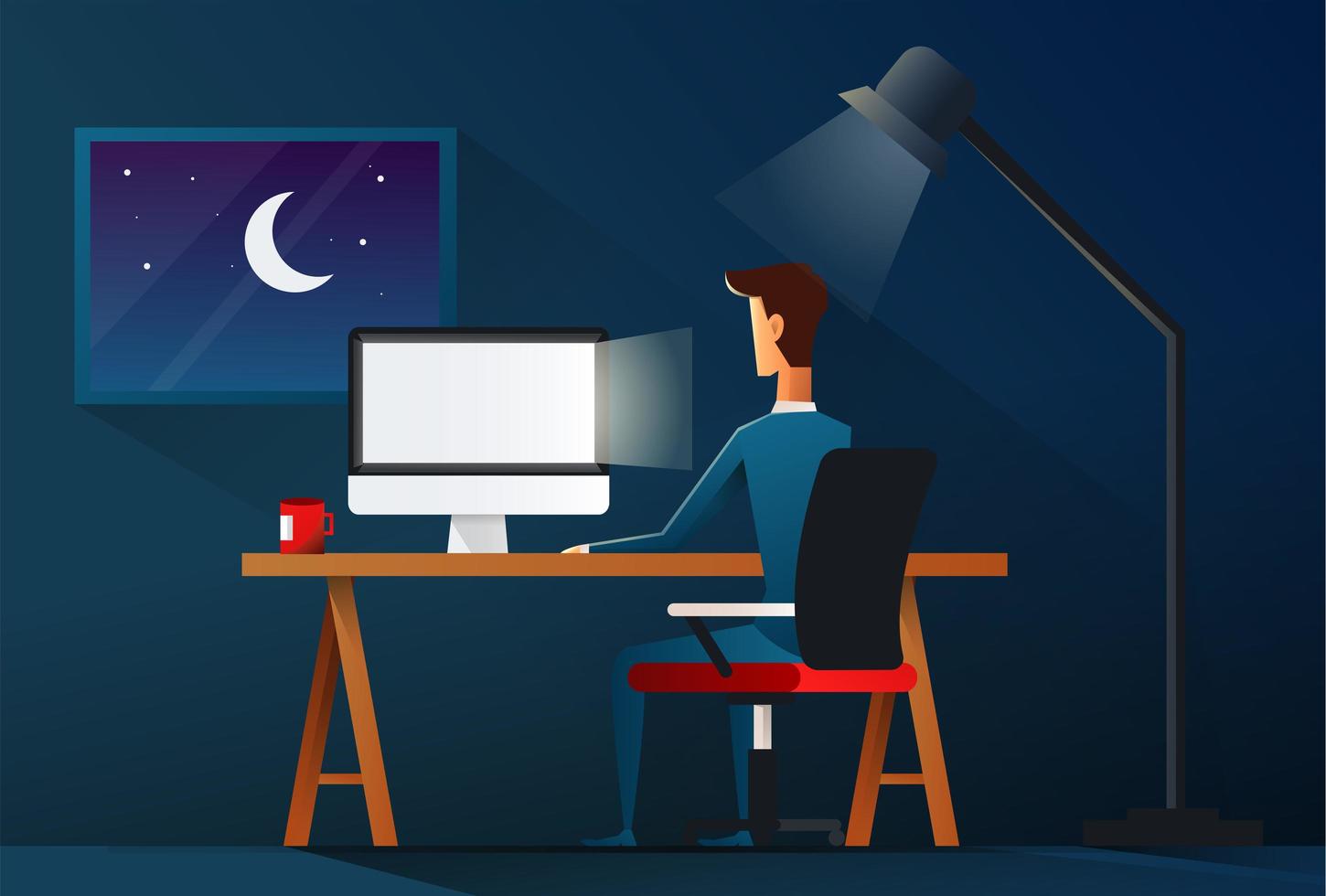 Business man working late night. workload concept - vector illustration