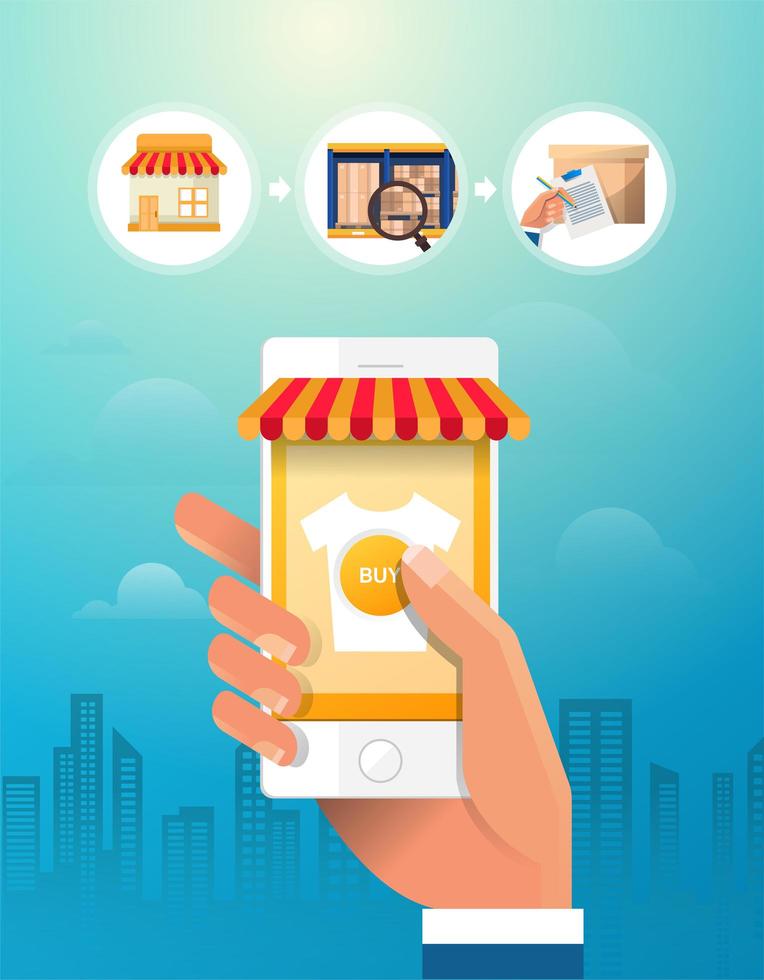 Online shopping concept. Hand holding smartphone. Set icons. Flat vector illustration.