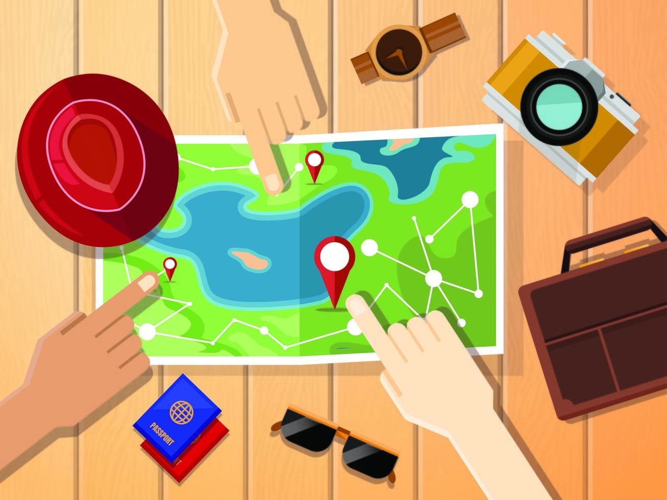 Hands of travelers pointing at map for planing trip. Bag, passports, camera, hat and sunglasses. All you need for traveling concept. vector