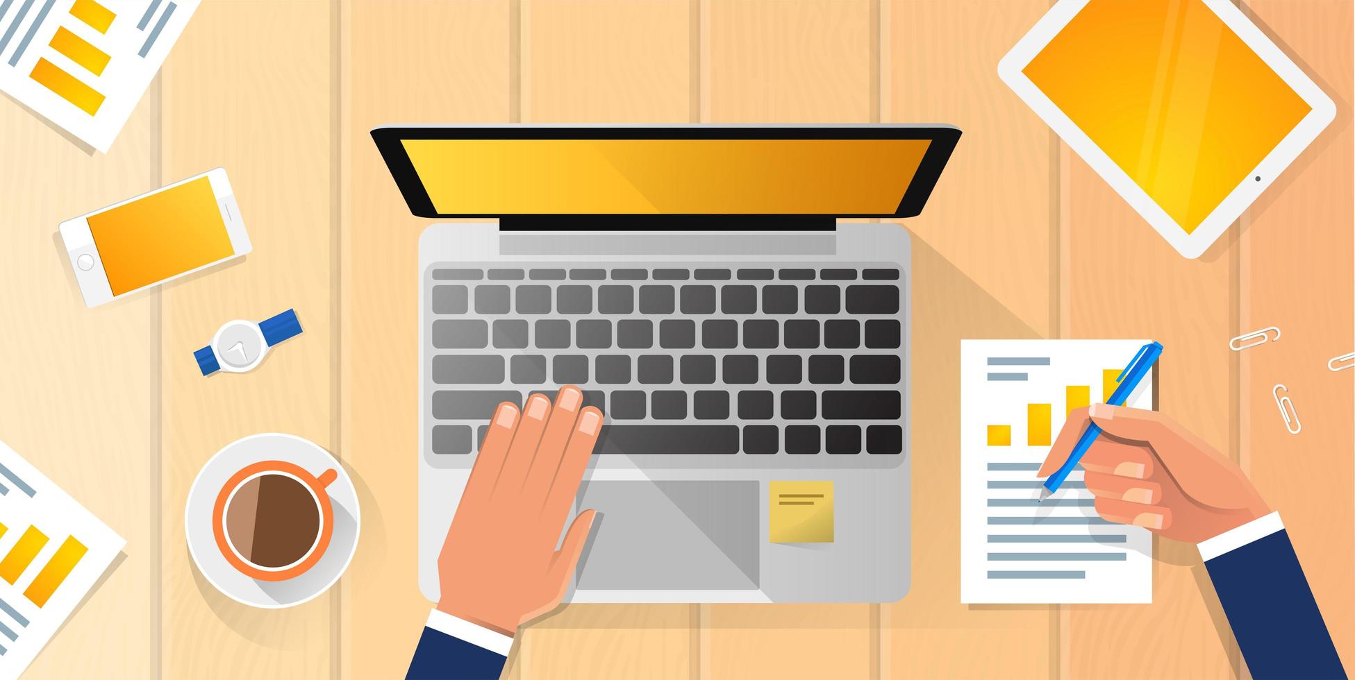 Top angle view of Businessman Hands Working on Laptop at Desk Flat Vector Illustration Business