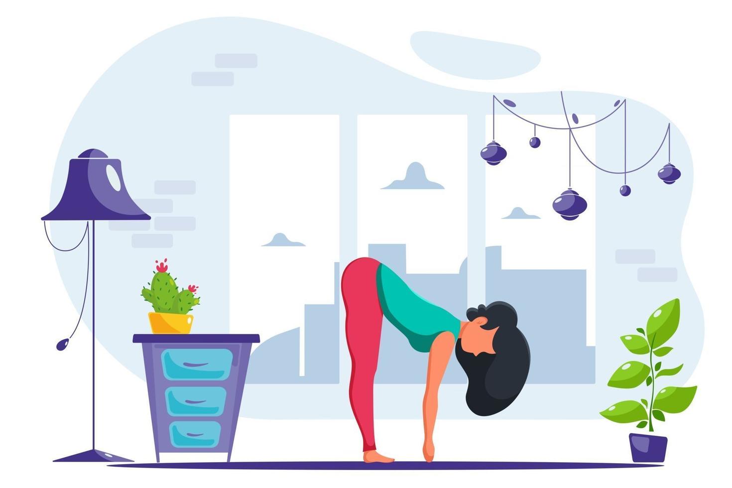 Mujer haciendo ejercicio de yoga en casa en un interior acogedor vector