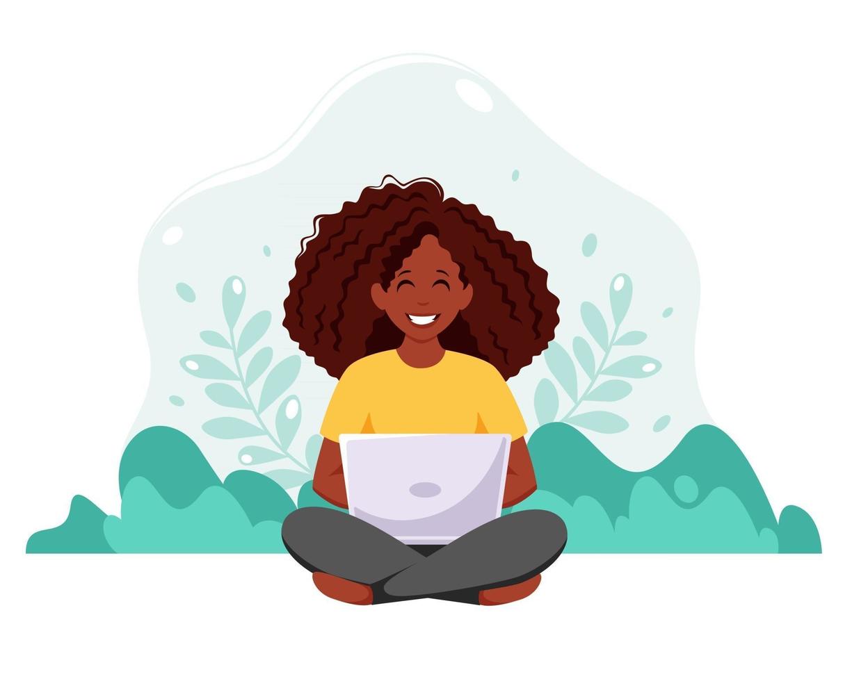 Black woman sitting with laptop Freelance and remote working concept vector