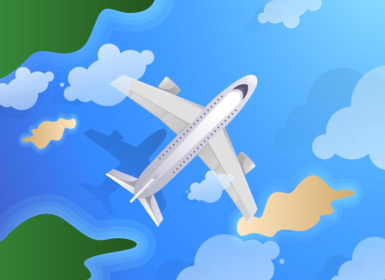 Top view of plane or jet aircraft flying over island and ocean. Summer travel or tourism agency theme vector