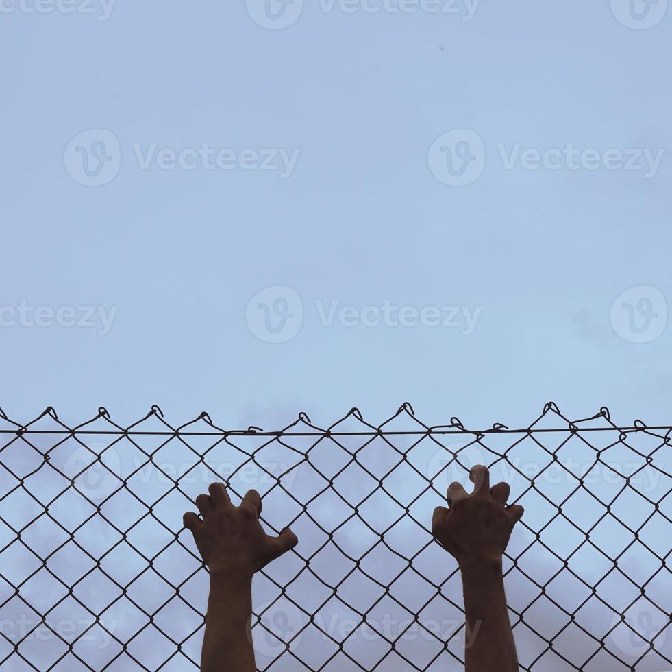 hand reaching a metallic fence photo