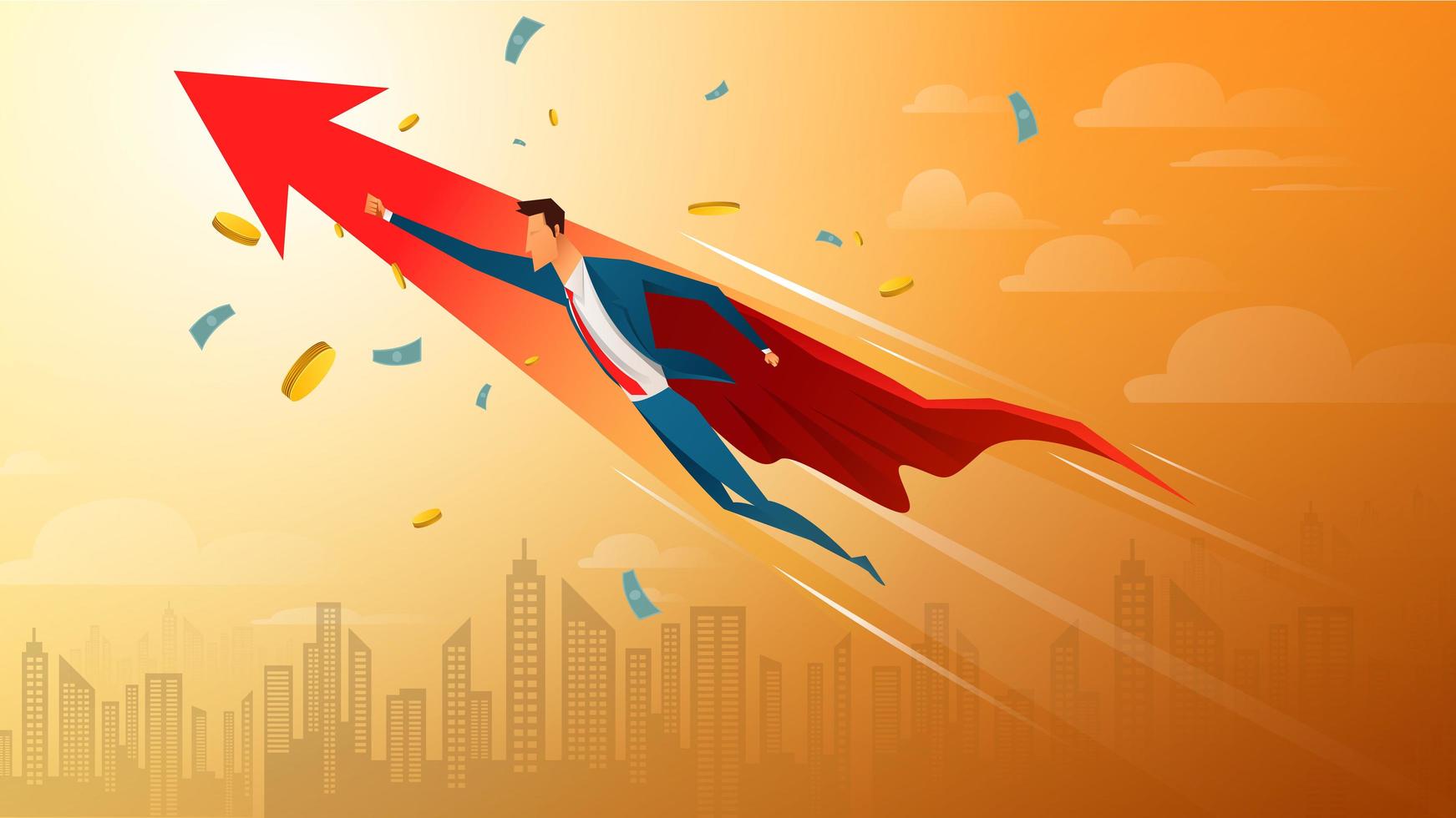 Business concept, super businessman with growing arrow and currency. vector