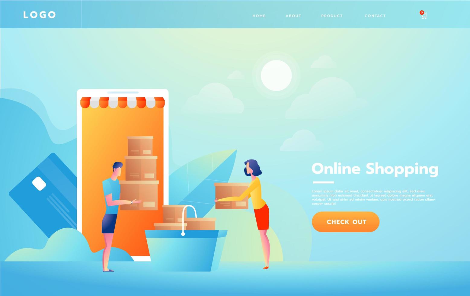 E-commerce or online shopping concept with hands reaching out of a screen holding products. vector