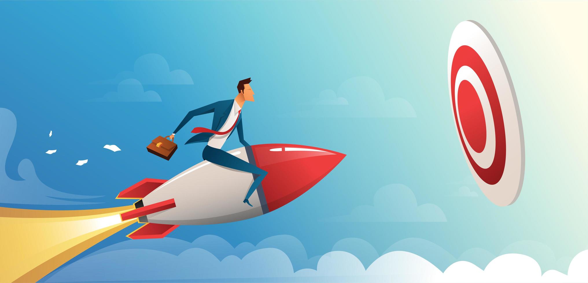 Businessman flying forward with a rocket engine to big target. Business vector concept illustration.