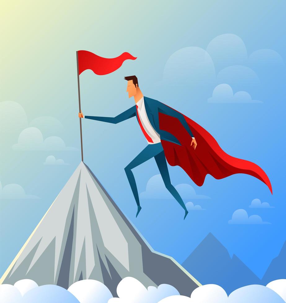 Super Businessman flying on Top of the Mountain to Success Flag. vector