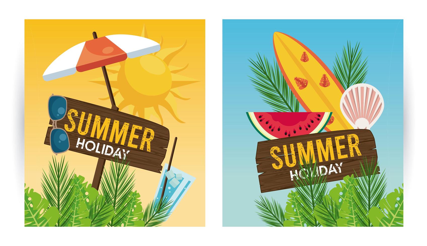 etiqueta de vacaciones de verano con iconos de conjunto vector