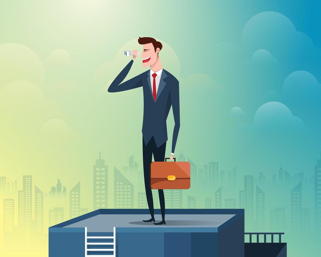 Businessman standing at the top of the building holding binoculars, background is a large city filled with skyscrapers vector