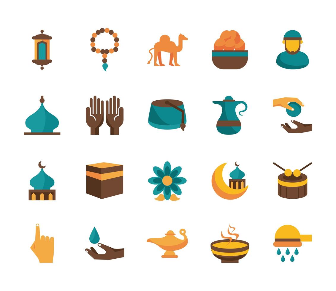 Islam religión establece iconos de estilo plano vector